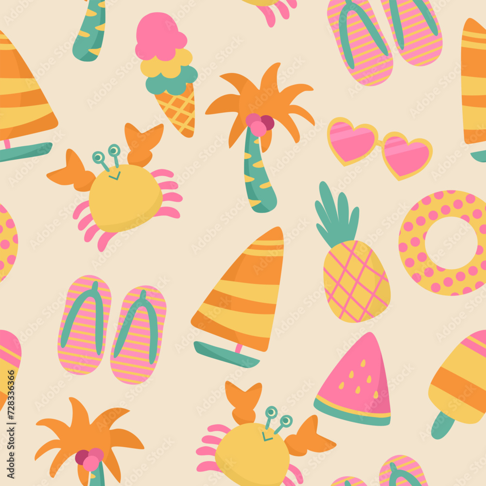 seamless pattern with set summer hand drawn ice cream, lifebuoy, sandals, sunglasses, crab, pineapple, coconut, ship, watermelon vector illustration design for Textiles, printed materials, fabric seamless pattern with set summer hand drawn ice cream, lifebuoy, sandals, sunglasses, crab, pineapple, coconut, ship, watermelon vector illustration design for Textiles, printed materials, fabric