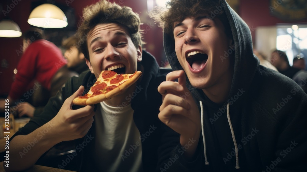 Close-up of happy carefree young guys having fun eating delicious pizza in an Italian restaurant.