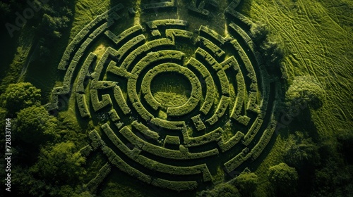 Drone point of view of grass labyrinth on field. Landscape with beautiful textures in the background