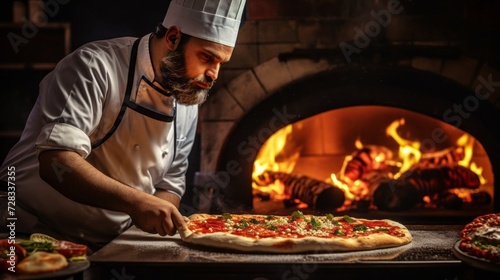 A professional chef prepares pizza  adds ingredients  sauce in an Italian pizzeria against the background of an oven with fire. A restaurant or cafe with delicious organic products.