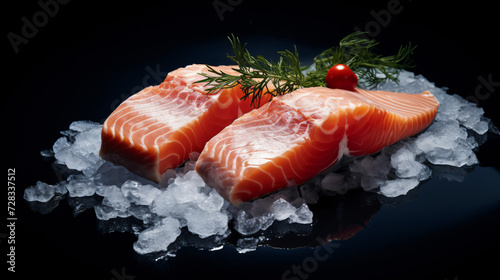 Steaks of raw salmon on ice on a blue slate.