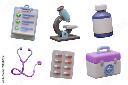 Clipboard, microscope, medicine bottle, stethoscope, blister with capsules, first aid kit
