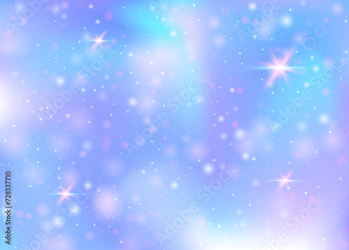 Fairy background with rainbow mesh.  Colorful universe banner in princess colors. Fantasy gradient backdrop with hologram. Holographic fairy background with magic sparkles, stars and blurs.