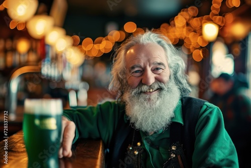 Gray-haired Irishman celebrating St. Patrick's Day at pub. Outdoors