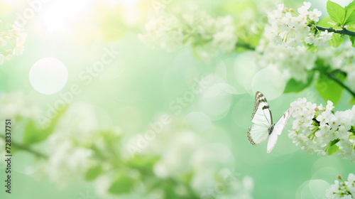 Banner with butterfly and blooming trees, blurred spring