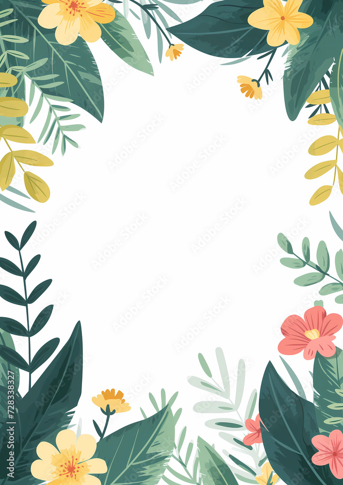 Naklejka premium Vertical Floral Frame with Copy Space. Abstract flowers and plants botanical background. Blank modern card template illustration.