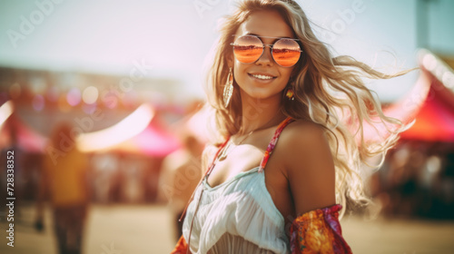 A free spirit happy content woman at a fair