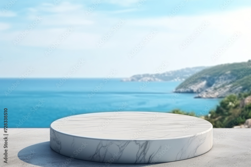 white marble podium with ocean sky background