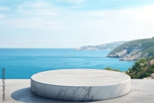 white marble podium with ocean sky background