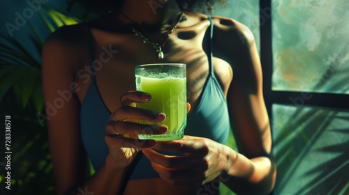 Healthy young beautiful woman holding and enjoying nutritious green smoothie in glass glass