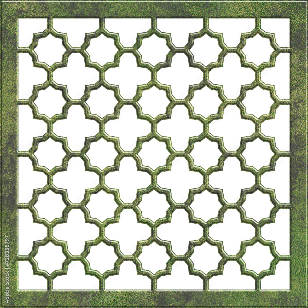Fototapeta premium Arabic geometric lattice pattern. Islamic ornament mashrabiya panel. Wall screen or frame window. Islamic motif, 3d grill. Isolated on white background. Artistic metal casting. Illustration