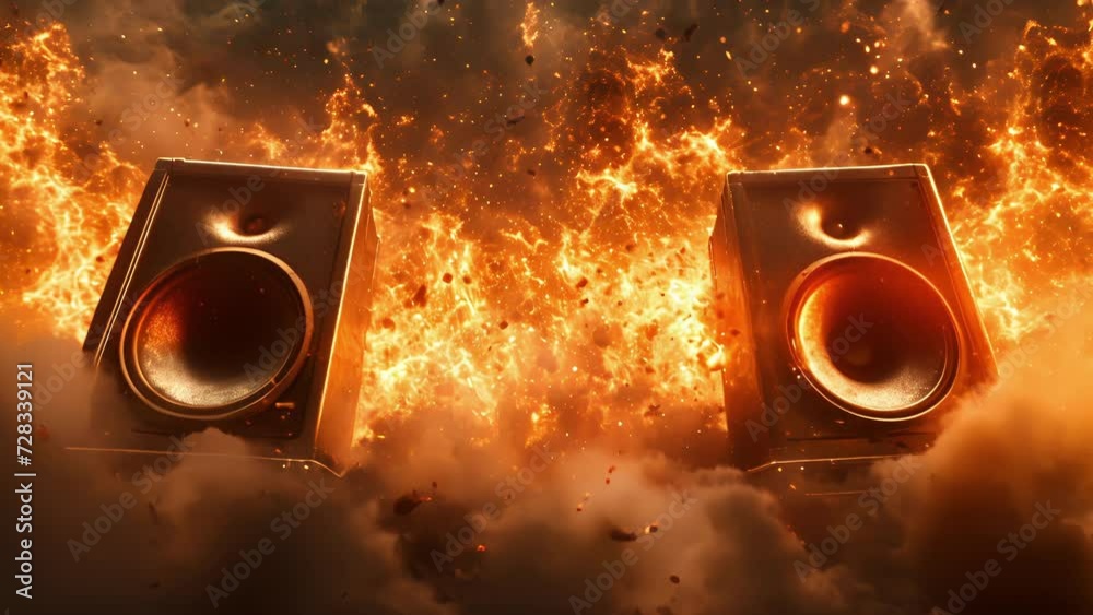 A blur of flickering lights and flying debris surrounds the explosive speakers the physical manifestation of the musics electrifying impact on the audience.
