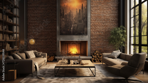 modern living room with fireplace photo