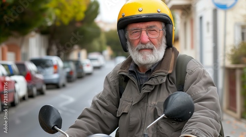 Joyful senior man on yellow scooter in italy, retired grandpa s trendy bike road trip photo