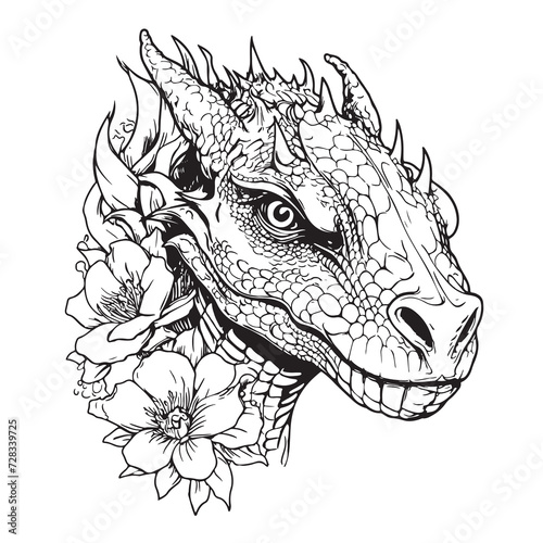 Cute dragon face with flowers.