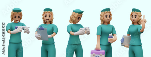 Collection of 3D female nurses in different poses. Medical worker with various accessories