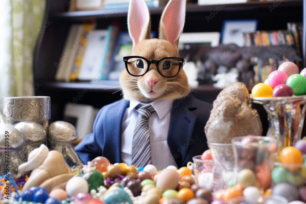 bunny in glasses with tons of colored easter eggs,