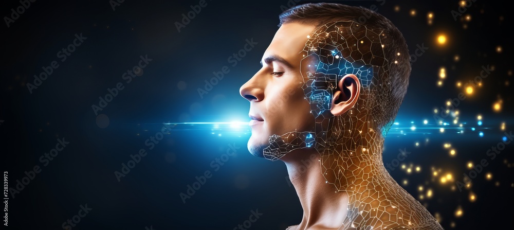 Futuristic humanoid head with neon neural network on pastel background, symbolizing ai technology Futuristic humanoid head with neon neural network on pastel background, symbolizing ai technology