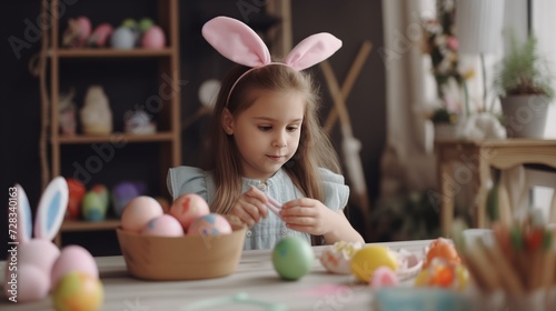 Cute little girl in bunny ears headband painting Easter eggs at table indoors