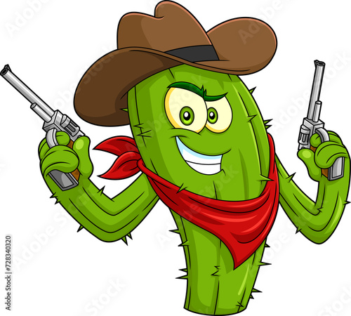 Cactus Cowboy Cartoon Character Holding Two Guns. Vector Hand Drawn Illustration Isolated On Transparent Background