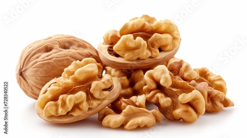 Whole walnuts with textured shells isolated on white background for culinary or nutritional concepts
