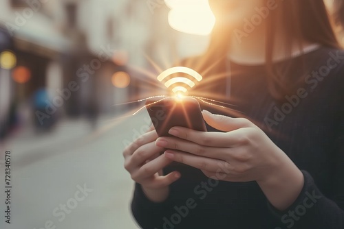 Shimmering wifi icon as interactive holographic projection above mobile phone in hands