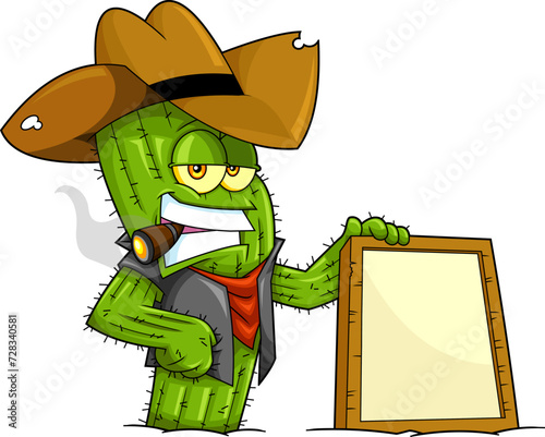 Funny Cactus Cowboy Cartoon Character Holding Wooden Blank Sign. Vector Hand Drawn Illustration Isolated On Transparent Background