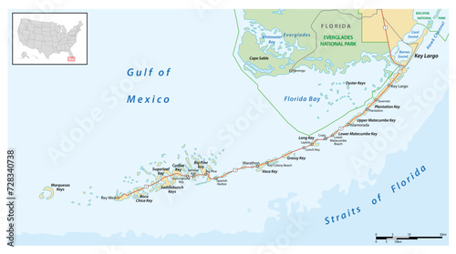 detaild florida keys road and travel vector map photo