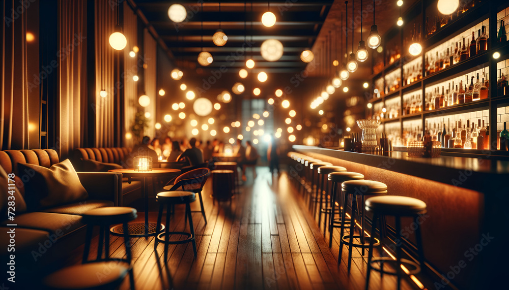 Softly blurred bar scene with ambient bokeh lights.
Generative AI.