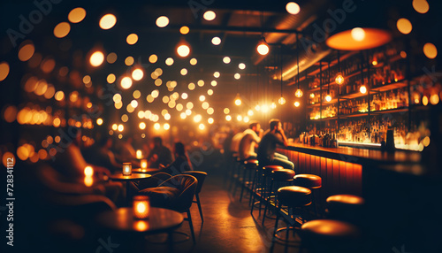 Elegant bar interior with a dreamy  blurred glow. Generative AI.