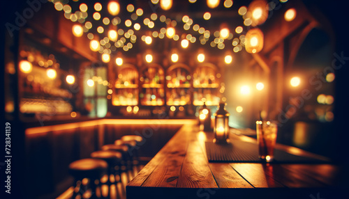 Elegant bar interior with a dreamy, blurred glow. Generative AI. © Baria