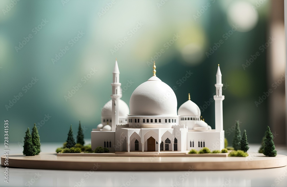 Obraz premium miniature white mosque with green trees and bokeh background. ramadan kareem concept