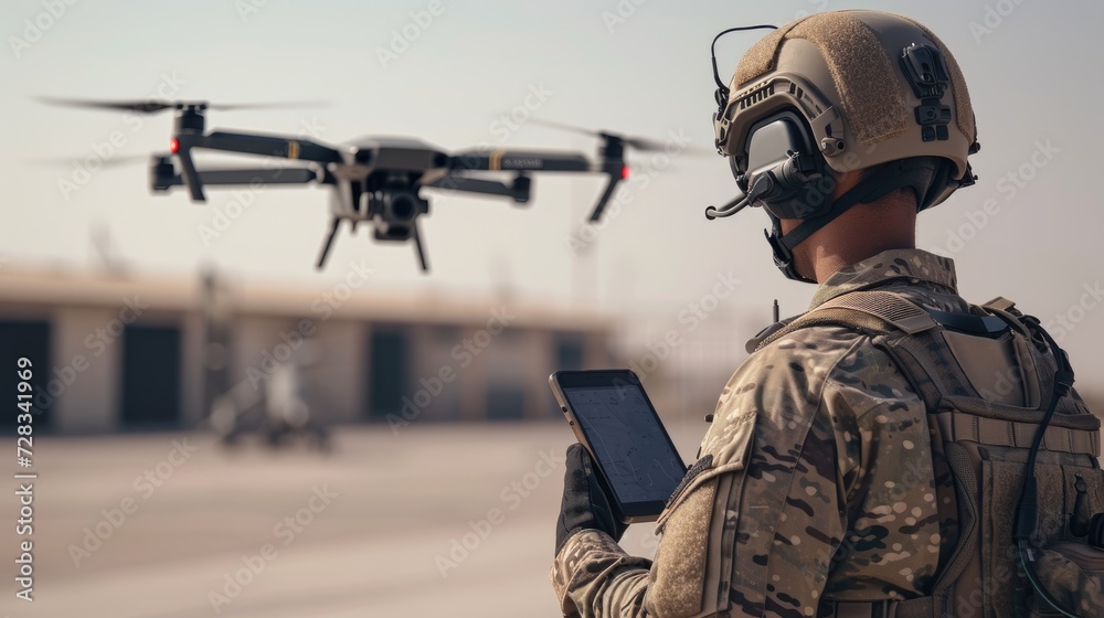 Modern warfare, soldiers using drones for strike and reconnaissance Modern warfare, soldiers using drones for strike and reconnaissance