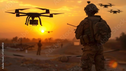 Modern warfare, soldiers using drones for strike and reconnaissance