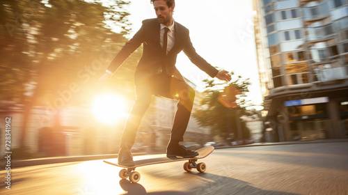 Confident smart businessman in suit riding a skateboard hurrying to his office