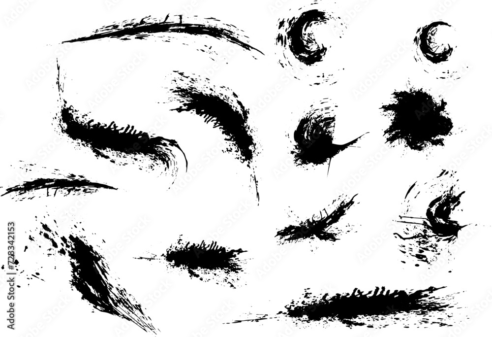 black and white splashes bundle, a set of black ink circles brush stroke bundle on a white background,black and white icons set, a bundle of black ink swirls on a white