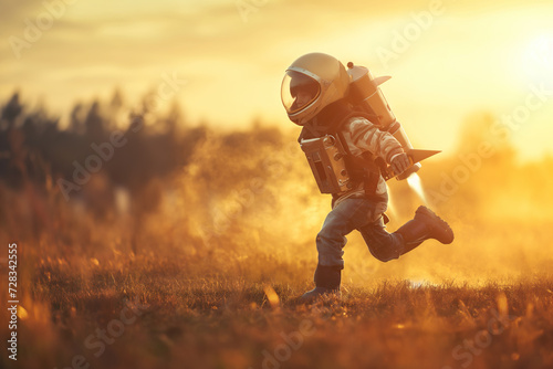 Cute kid dressed like astronaut imagining him flying on the moon photo