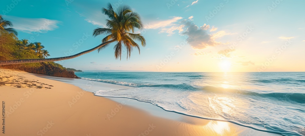 Naklejka premium Tropical miami vice scene with blurred beach background and copy space for text placement