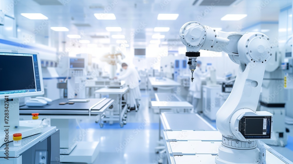 Robotic arm performing machine learning tasks on modern production line with blurred background Robotic arm performing machine learning tasks on modern production line with blurred background