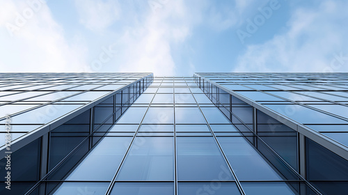 Low angle view of modern office building exterior made of glass and steel