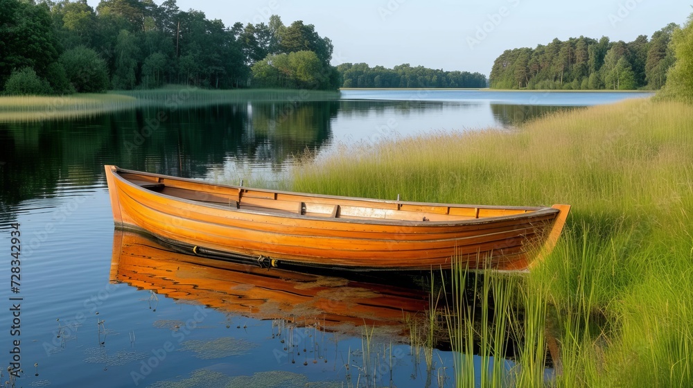Tranquil dawn with serene reflections of a wooden boat on a calm lake, immersed in nature s peace Tranquil dawn with serene reflections of a wooden boat on a calm lake, immersed in nature s peace