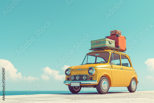 Small and cute yellow retro travel car with luggage