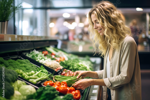 Young woman does shopping in supermarket choosing vegetables. Blonde woman hands skimming over vibrant greens and colorful products in shop photo