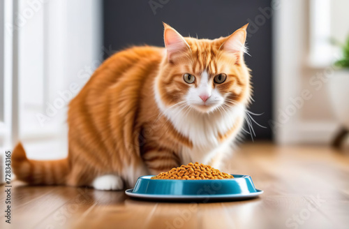 Cat Eating from Bowl. Ginger Cat Eats Food, Licking Tongue. Feline Feeding at Home Floor Background. Tabby Cat Eating Dry Pet Meal, Looking up, Down. Front View. Pet Food Banner. Domestic Animals Food