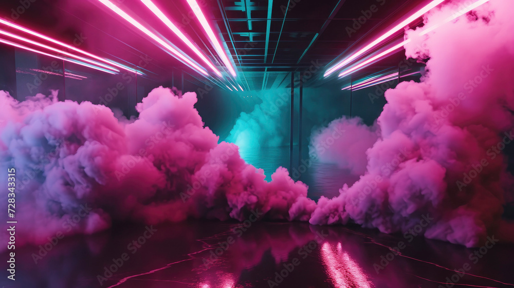 neon lights, smoke cloud, underground garage basement atmospheric empty background template