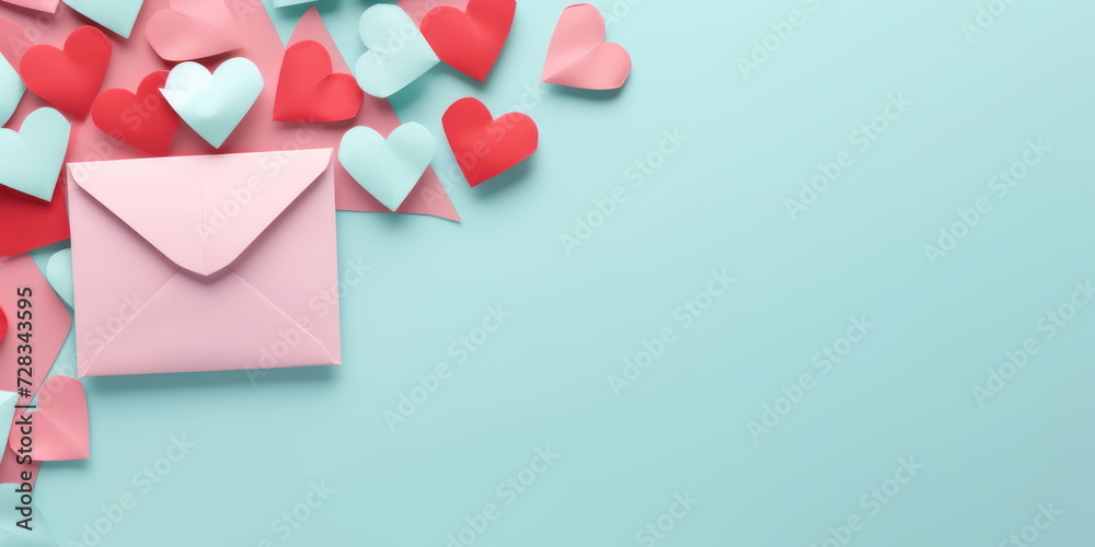 Paper elements in shape of heart flying on blue background.