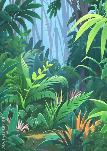 Background Jungle. Bright jungle with ferns and flowers. For design game, websites and kid's book printing. Children's book illustration in cartoon style.