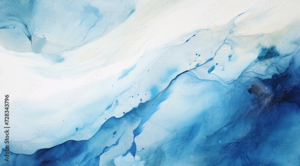 abstract blue and white painting of waves over a white background