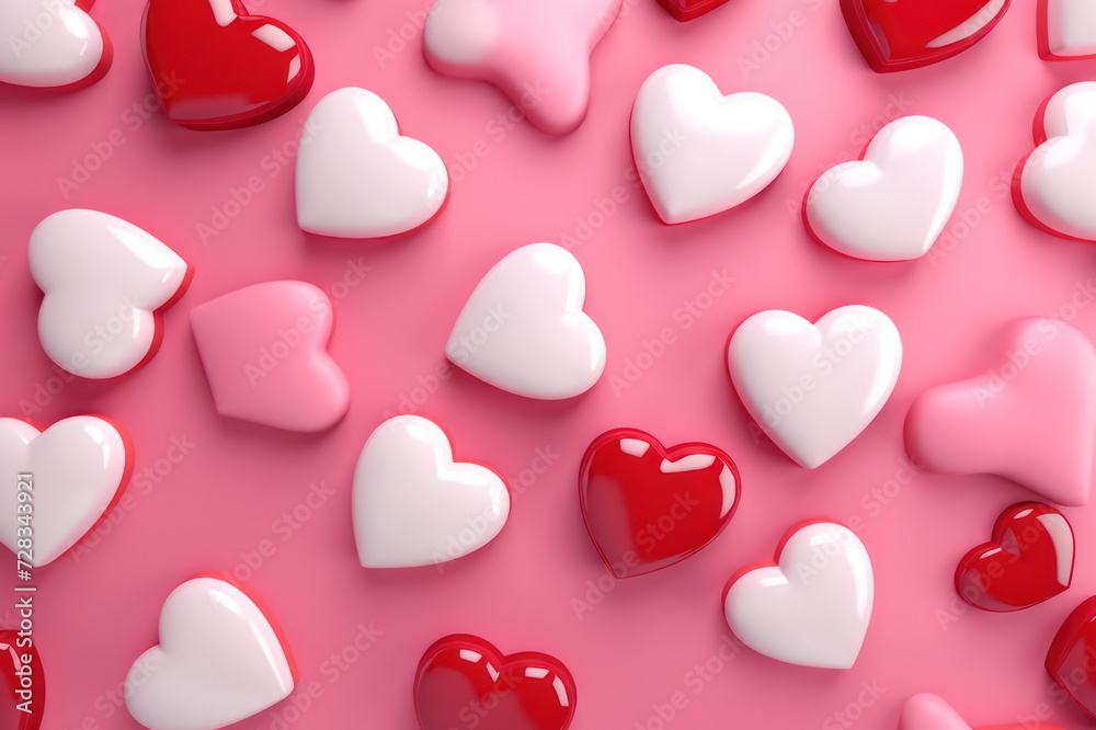 Pink heart shaped sprinkles on grey table, flat lay. Space for text. Generative Ai Pink heart shaped sprinkles on grey table, flat lay. Space for text. Generative Ai