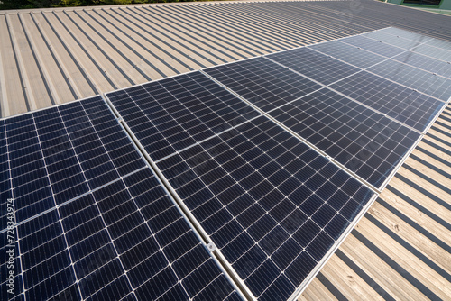 Solar panels under sunlight blue sky, Green energy concept.